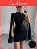 American Fashion European Womens Round Neck Ribbed Chiffon Cape Bodycon Dress