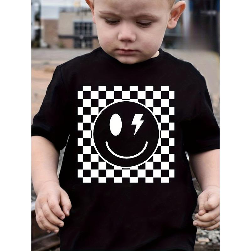 Boys Crew Neck Short Sleeve T-Shirt with Black & White Checkered & Smiley Face Print 110 чёрный