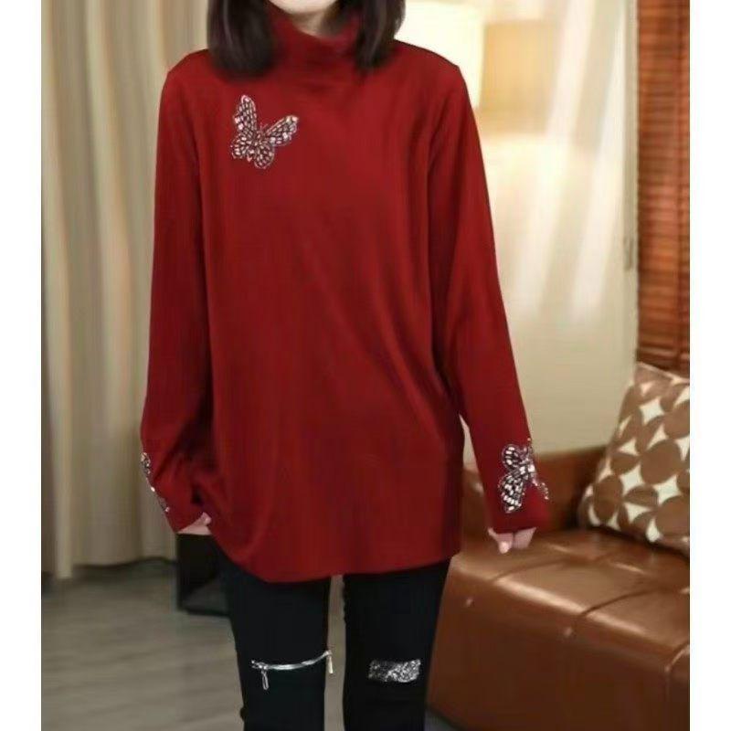 Women s Mid-Length High Neck Butterfly Embroidered Sequin Top L