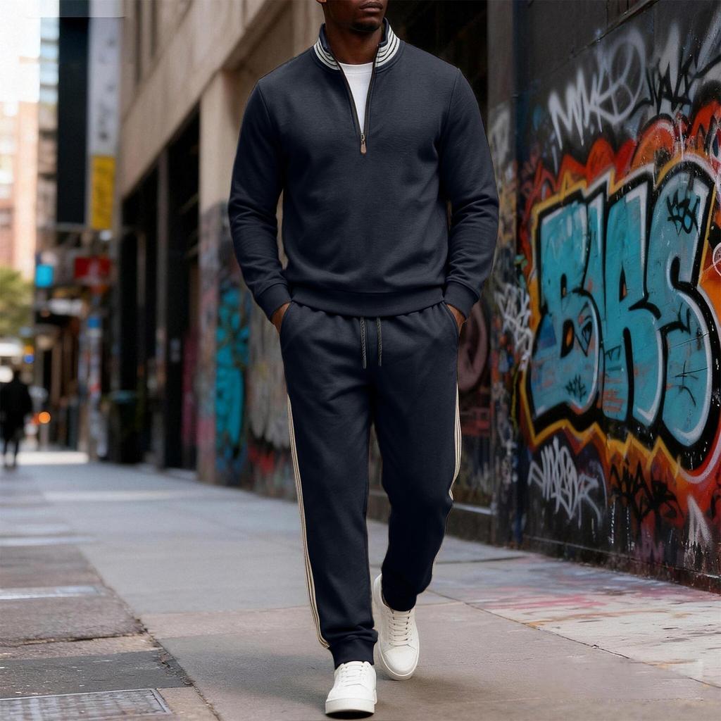 Men's 2 Piece Sweatsuit Set Fall Winter Striped Half Zip Stand Collar Sweatshirt and Sweatpants Casual Athletic Tracksuit