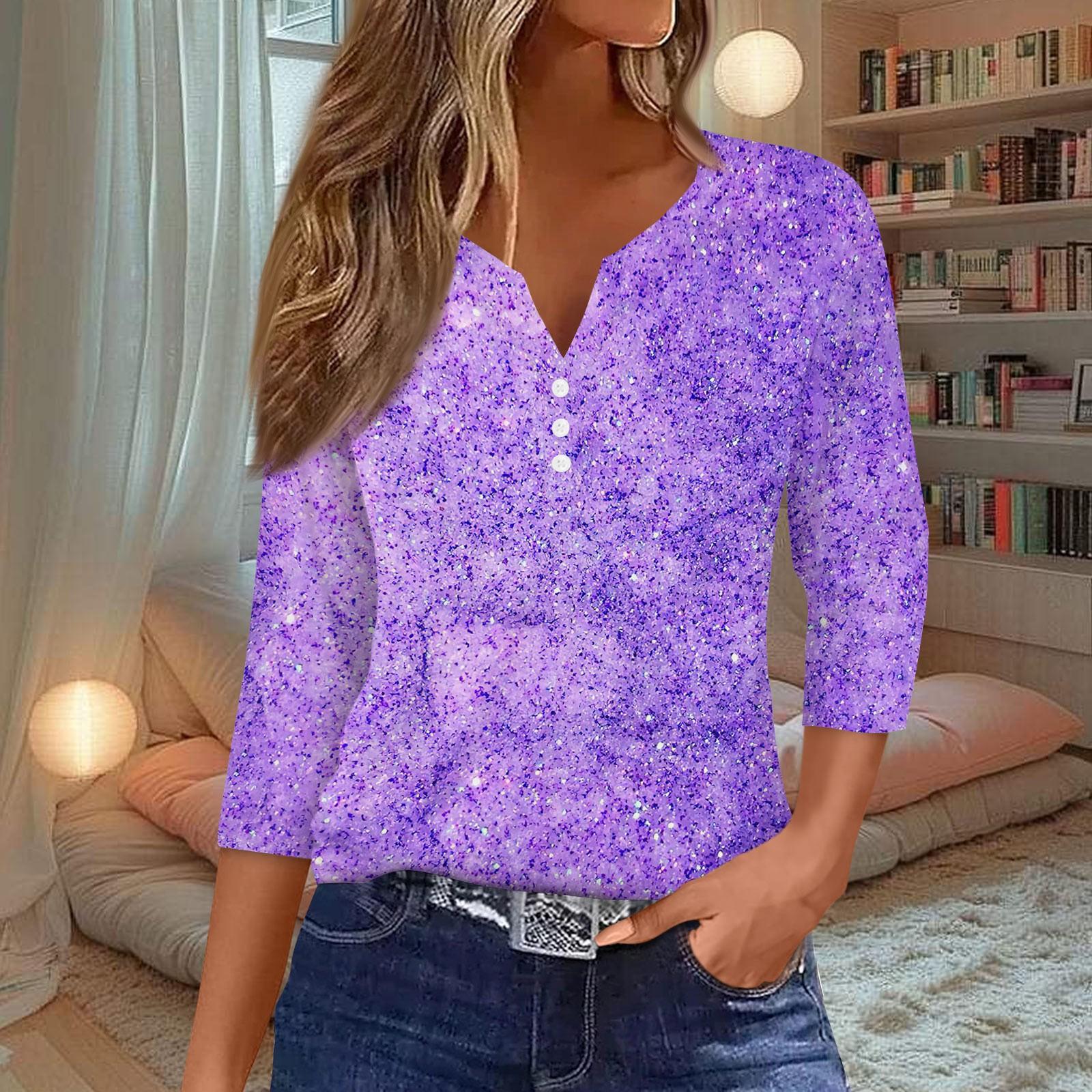 

Жіноча модна повсякденна футболка в смужку з принтом V-подібним вирізом і декоративними ґудзиками з рукавом три чверті XL фіолетовий