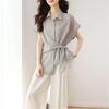 Women Waist Tie Cinched Irregular Short Sleeve Casual Blouse Shirt
