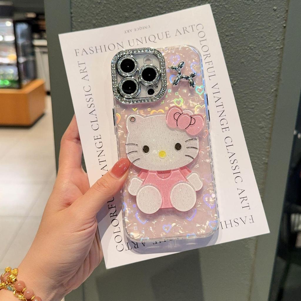 Heart Shell Dot Drilling Frame for Apple 17 Pro Max/15 Pro Phone Case with KT Cat Mirror