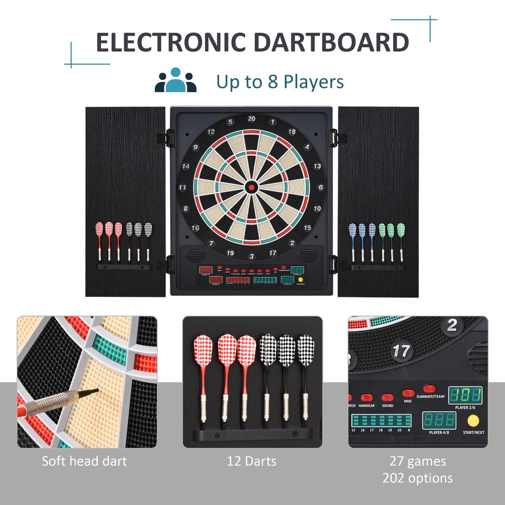 Electronic Dartboard Set, 27 Games Modes and 202 Variations, LED & 12 Soft Tip Darts and Cabinet to Storage
