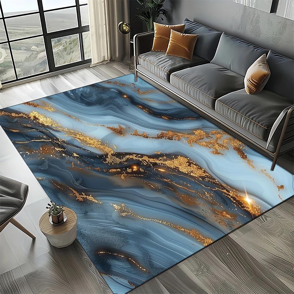 2025 New Style Colour Nature Marble Blue Gold Carpet Rug for Living Room Bedroom Home Sofa Decoration,Kid Non-slip Floor Mat