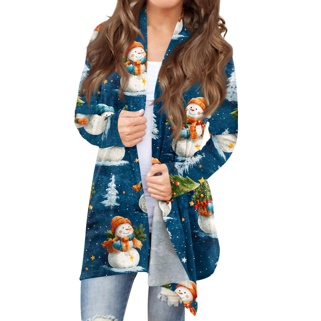 Women's Fashionable Loose-Fit Casual Cardigan With Christmas Print Mid-Length Coat