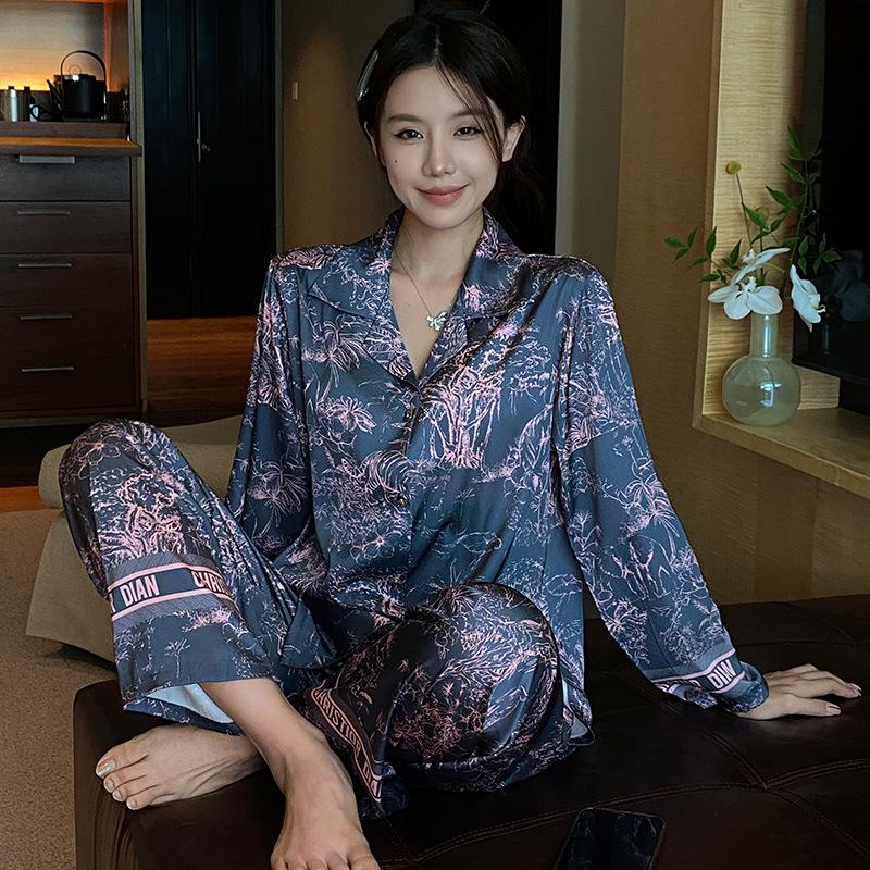 

Весна Осень Длинные Рукава Брюки Пижамный Костюм Женщин Свободный Повседневный Шелковый Атлас Домашняя Одежда 2 ШТ. Пижамный Комплект Ночная Одежда Для Дома XL