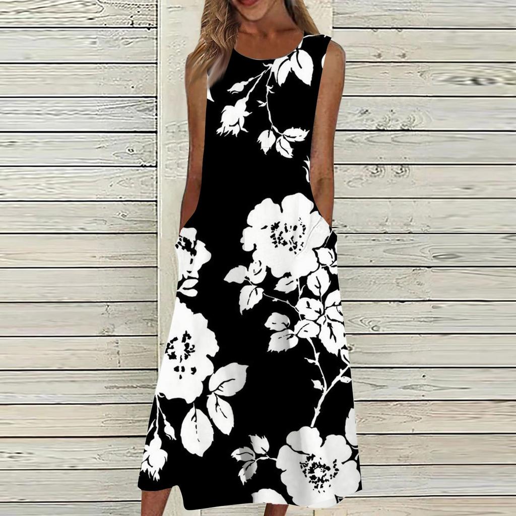 Dámské neformální tištěné šaty s kulatým výstřihem, základní klasické venkovní denní šaty bez rukávů volné