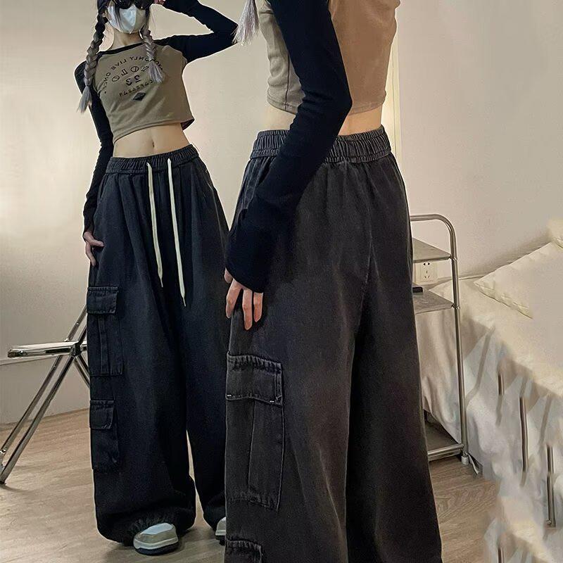 Chinese Street Trend Hip-Hop Straight-Leg Cargo Jeans: Retro Loose Wide-Leg Mid-High Waist Casual Pants