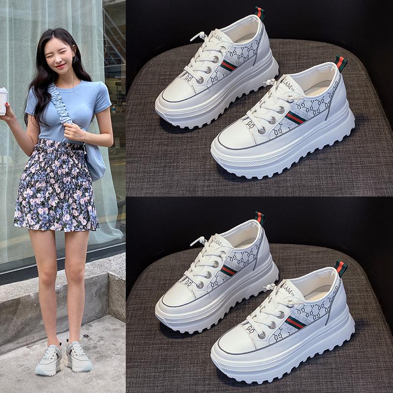 Platform white shoes women's 2025 spring and summer new breathable versatile low-top shoes casual inner height increase lace-up shoes women's shoes