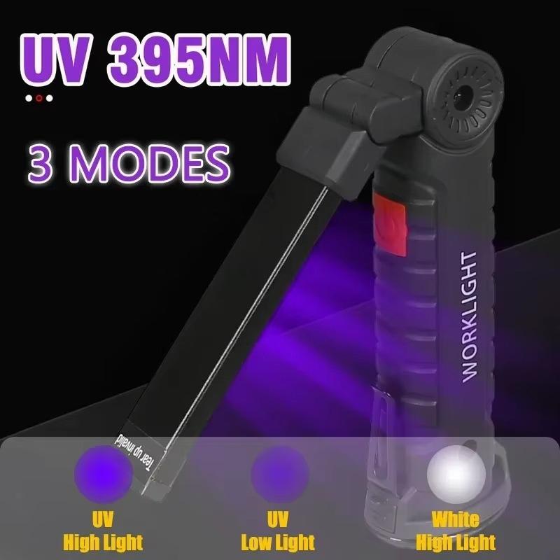395nm LED UV Flashlight USB Rechargeable Foldable Lamp with Magnet Hook UV Light Ultraviolet for Pet Urine Detector Resin Curing