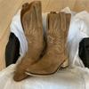 Women's Mid-Calf Knight Boots Pointed Toe Embroidered Thick Heel Autumn New Style Large Size Rubber Outsole PU Leather