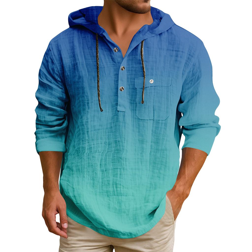 Men's Hooded T-shirt Gradient Color Cotton And Linen Men's Casual Long-sleeved Top