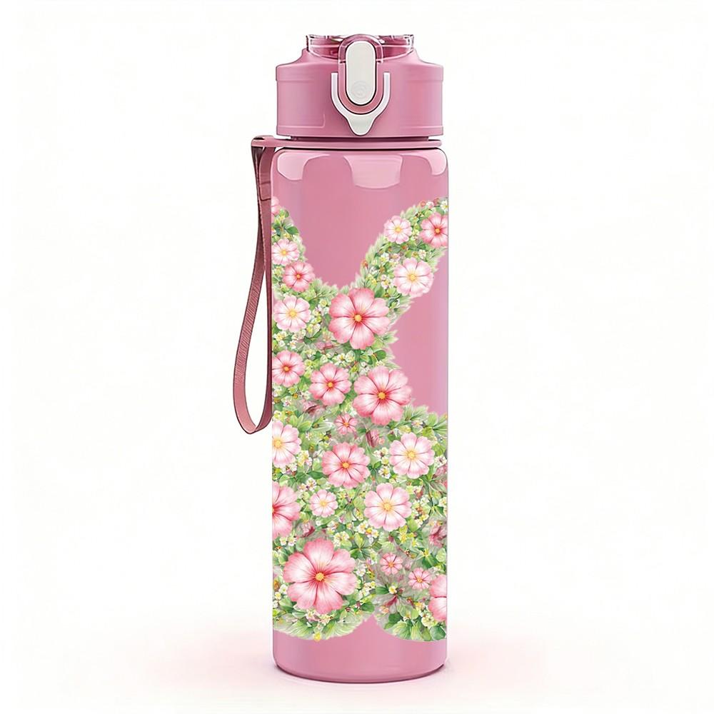 1PC Floral Print Bunny Easter Animal Art 750ml Color Plastic Sports Water Bottle Leakproof Flip Straw Lid Suitable for Sports Office Home Use