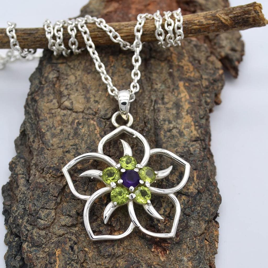 Round Cut Peridot & Amethyst (1.1 Cts) Flower Design Pendant Necklace Solid 925 Sterling Silver Gemstone Pendant with Chain Jewelry For Women or Girl
