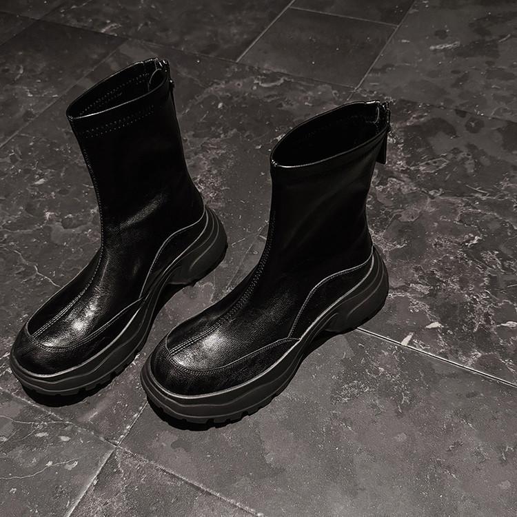 5Cm Fashion Round Head Thick Heel Waterproof Table Short Boots Women's Versatile Solid Color Casual Style Sheepskin Rear Zipper Thin Boots