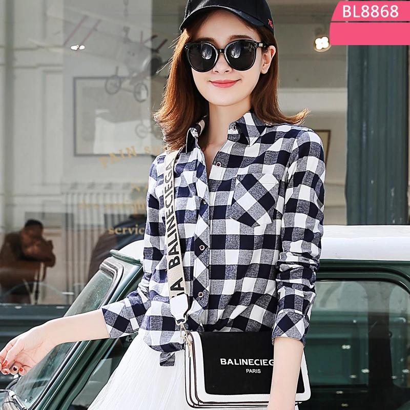 100% Cotton Women's Blouse Plaid Shirts Women's Long Sleeve Top S-5XL,Single Breaste Button Women's Shirt With Chest Pockets