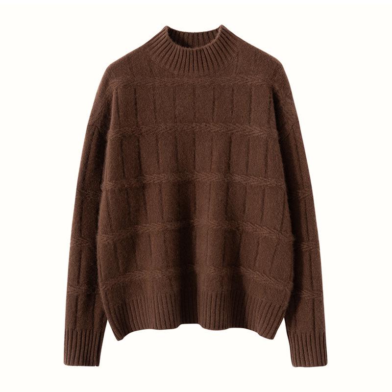 Women's 100% Cashmere Vintage Loose Fit Half High Neck Pullover - Thick, Warm Knit Sweater for Autumn/Winter.