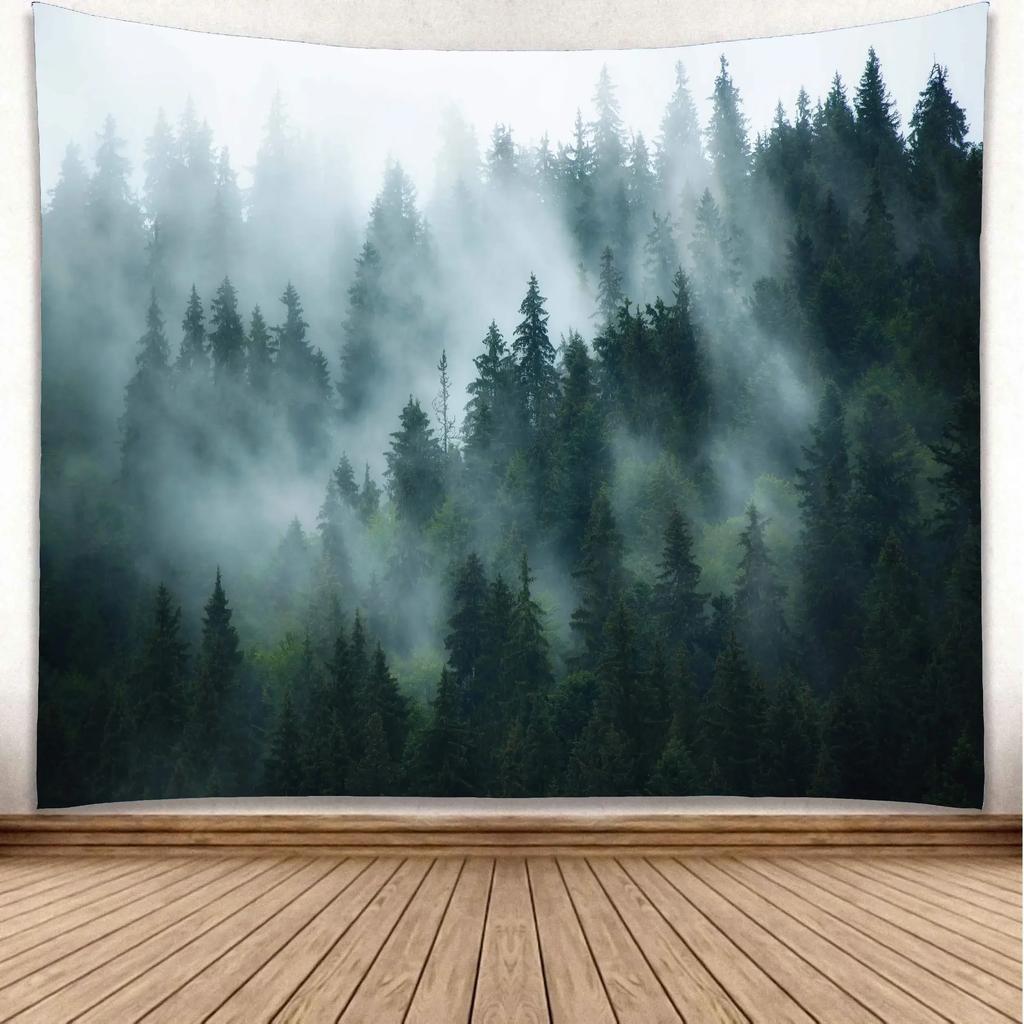VIKAMA Nature Forest Tapestry, Misty Green Pine Tree Scenery Wall Art Hanging for Bedroom Living Room Photography Backdrop