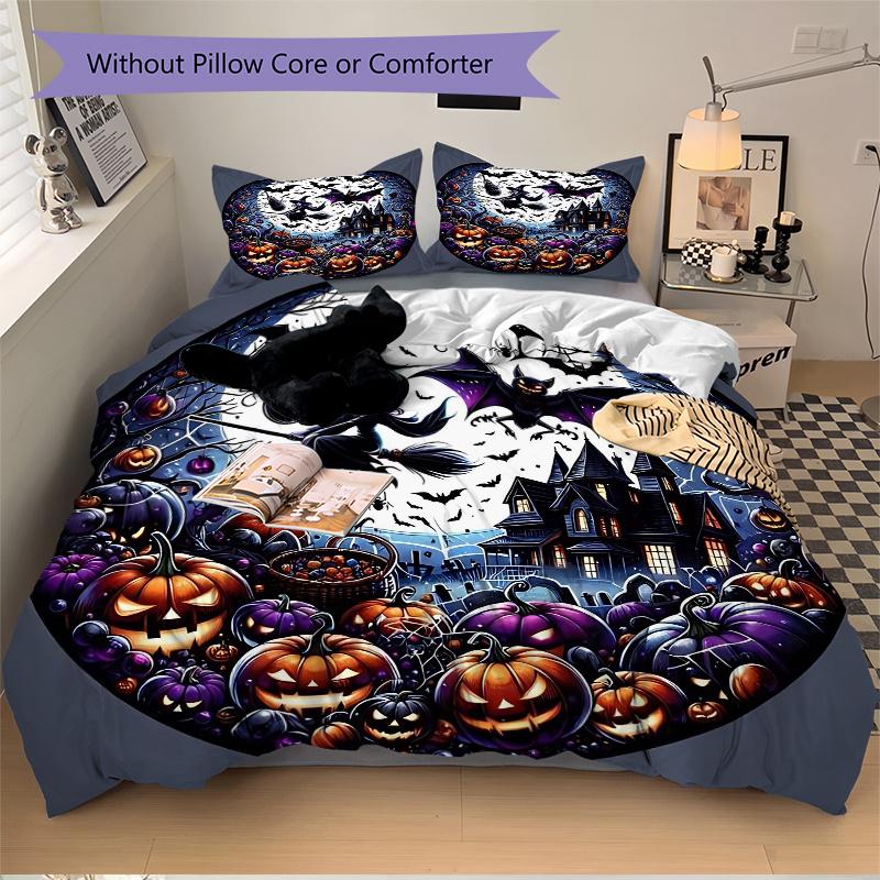 3pcs Bat Witch Pumpkin Halloween Pattern Bedding Three-Piece Set (No Fillings), Suitable for Bedrooms and Guest Rooms.N004