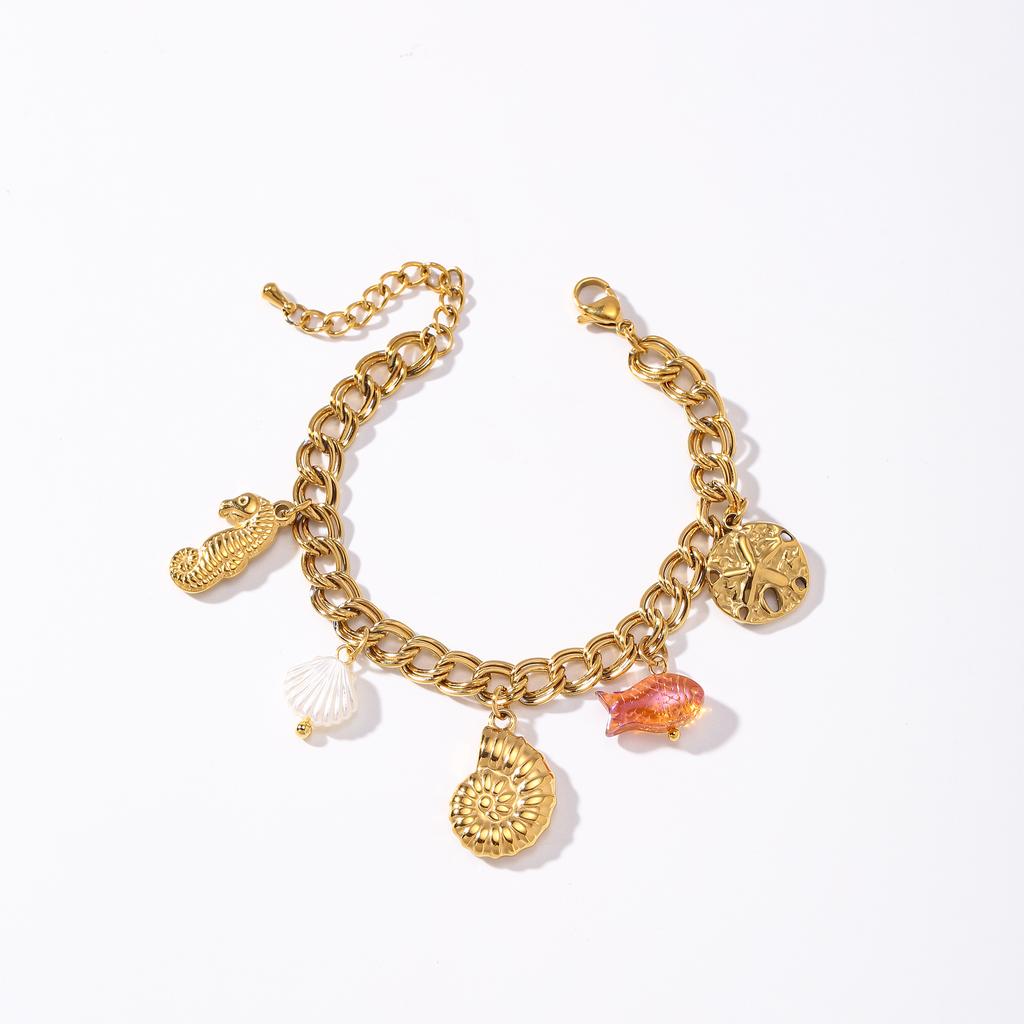 Golden Tone Stainless Steel Ocean Charm Bracelet with Seahorse and Fish Pendants for Women