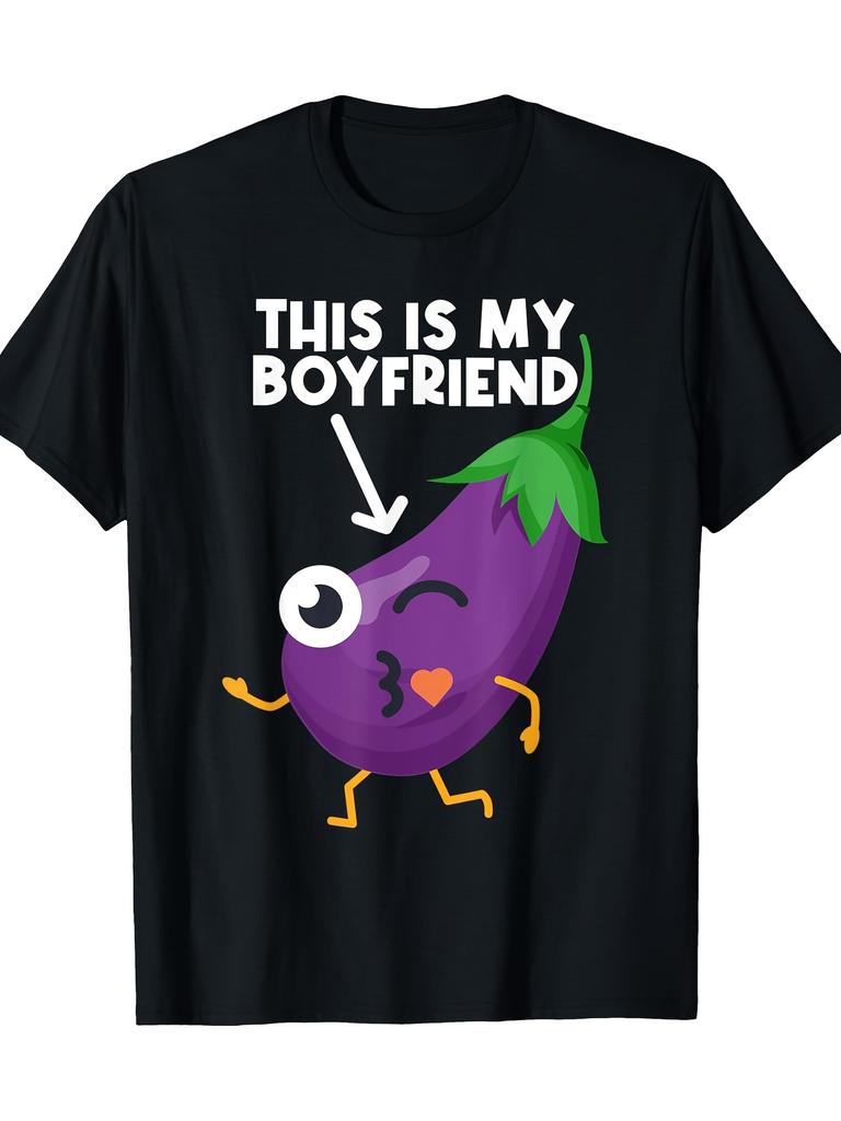 Men'S Funny This is My Boyfriend Eggplant Graphic T-Shirt - Black Casual Short Sleeve Crew Neck, C