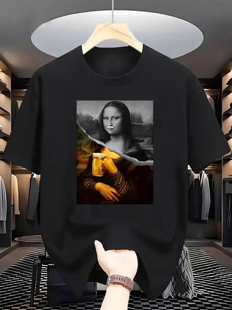 Maglietta Grafica Divertente da Uomo con Pittura di Birra della Gioconda Nera Casual Estiva per Tutti i Giorni Abbigliamento da Festa Lavabile in Lavatrice
