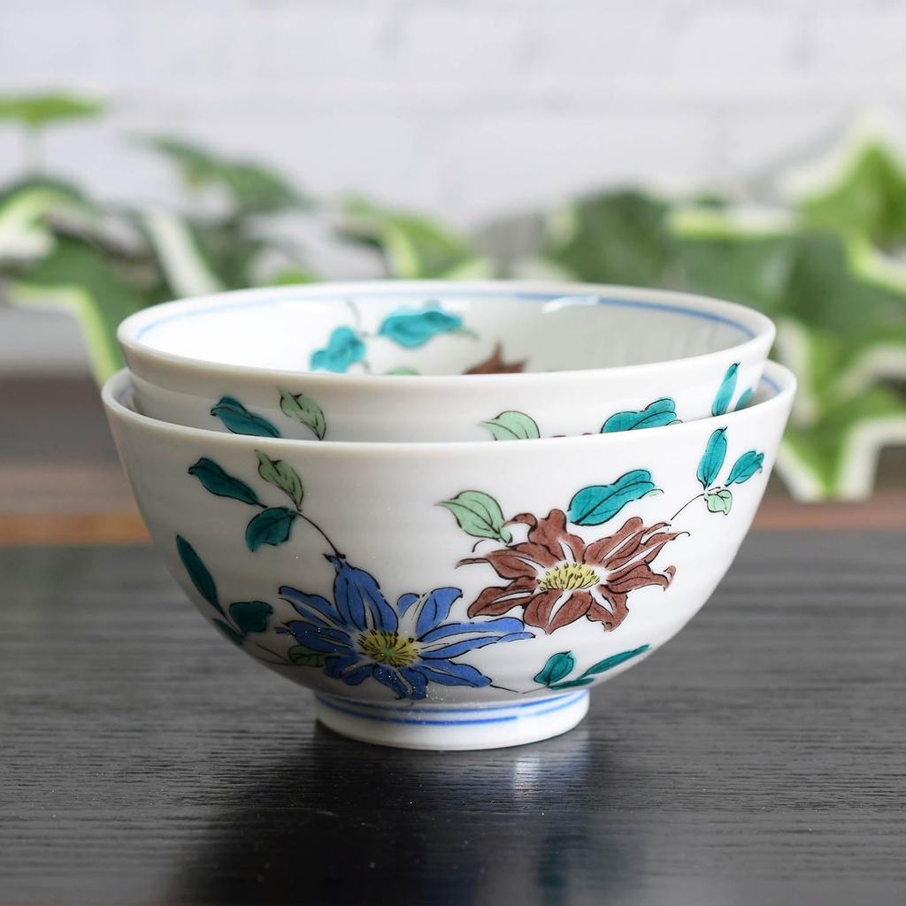 Waza No Kura Pair Rice Bowls - Stylish Japanese Tableware - Kutani Ware Couple's Rice Bowls - Clematis Design - High-Quality Ceramic Tableware - Made
