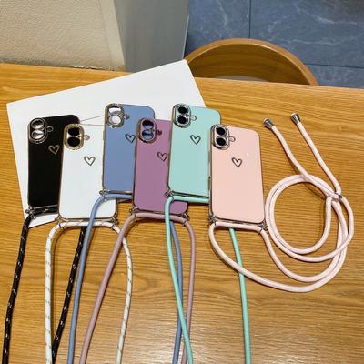 Liebesherz-Aufdruck Beschichtung TPU Weiche Hülle Für iPhone 16 Pro Max 15 Pro 14 Pro 13 12 11 Crossbody-Lanyard Stoßfester Linsenschutz Glänzende Handyhülle