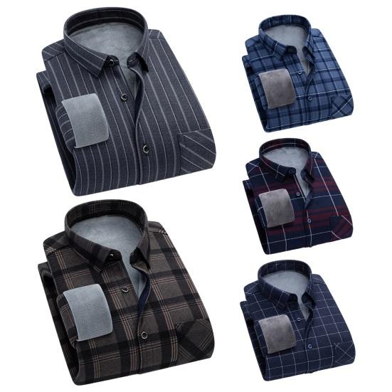 Camicia da uomo autunno inverno business risvolto manica lunga monopetto camicia formale slim fit stampa scozzese fodera in pile spesso top