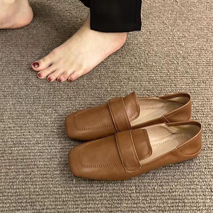 Women's Square Toe D'Orsay Flats - French Retro Soft Leather Slip-On Loafers