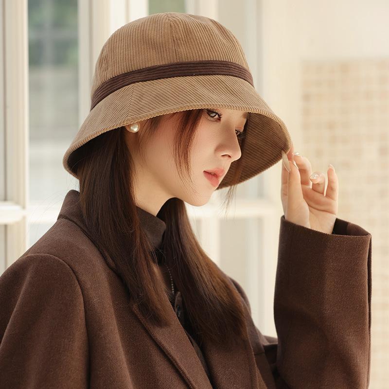 Casual Versatile Corduroy Fisherman Hat Retro Thermal Basin Hat Big Head Circumference Showing Small Face
