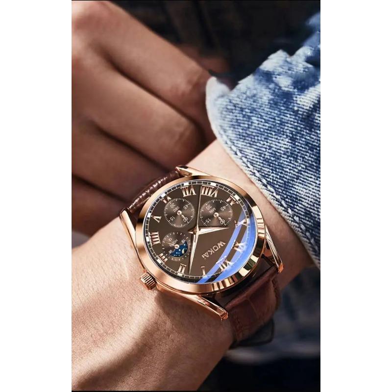 Fashion Business Three-Eye Roman Dial Bamboo Belt Quartz Watch