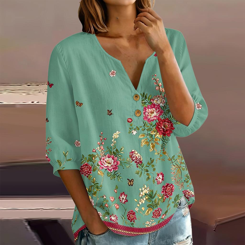 Women's Floral Print Henley Neck Button Front Shirt Three Quarter Sleeve Cotton Linen Blouse Casual Loose Fit