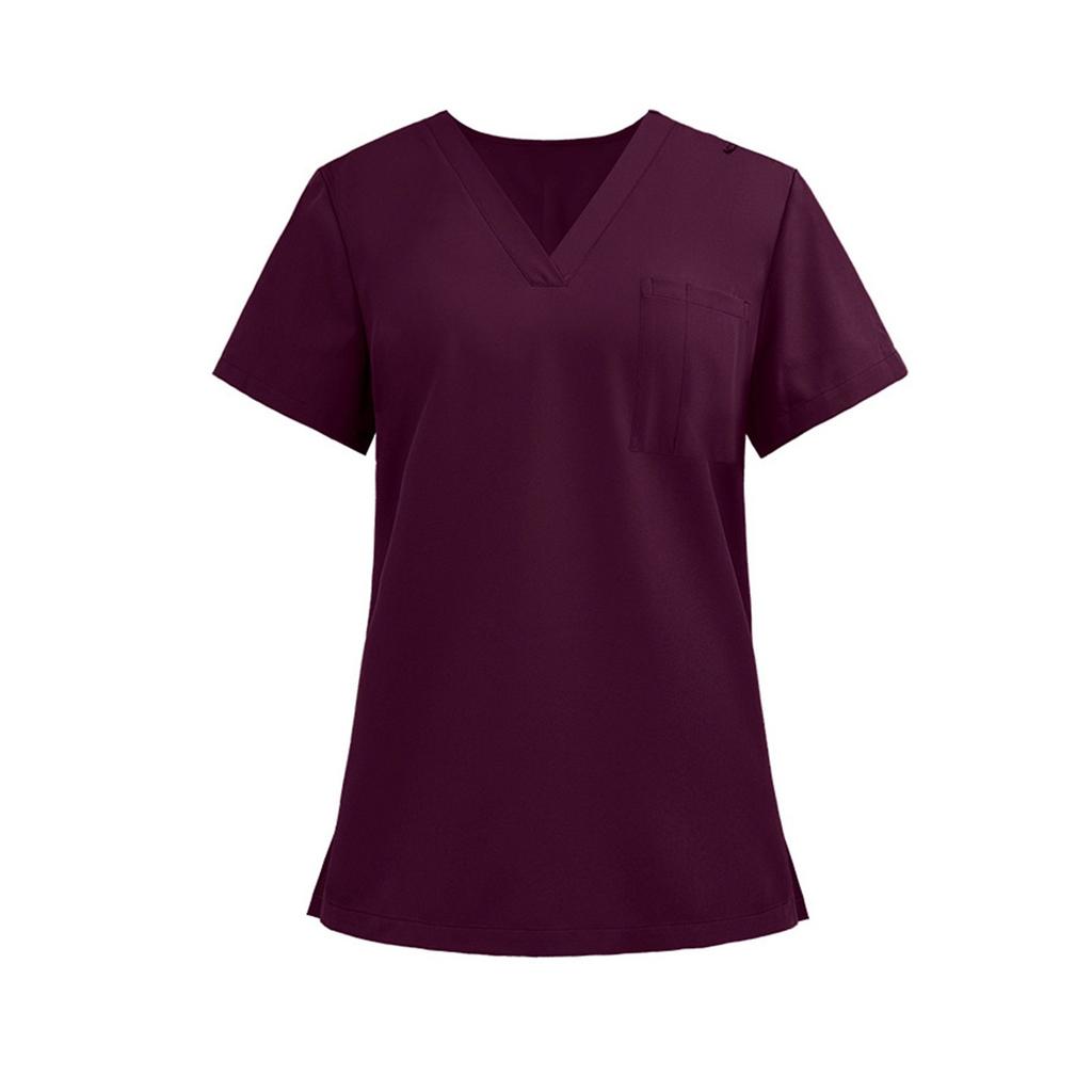 Ladies' Lightweight Solid Color V-neck Pocket Side Slit Short Sleeved Shirt