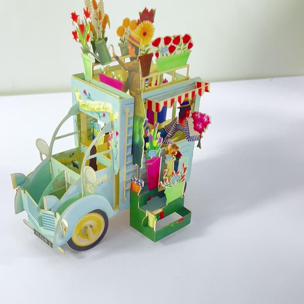 Charming 3D Pop-Up Birthday Card - Laser-Cut Paper Craft with Vintage Blue Car Design, Pink & Red Flowers, Ideal for Friends & Family