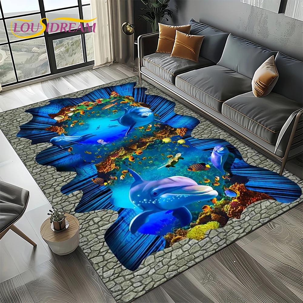 Underwater World 3D Illusion Seabed Cartoon Shark Dolphin Carpet Rug for Living Room Bedroom Home Sofa Decoration,Floor Mat Kid