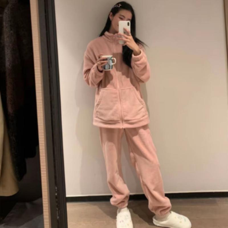 320G Flanell Pyjama Damen Matcha Grün Reißverschluss Herbst und Winter Verdickt Korallenfleece Warm Loungewear Set