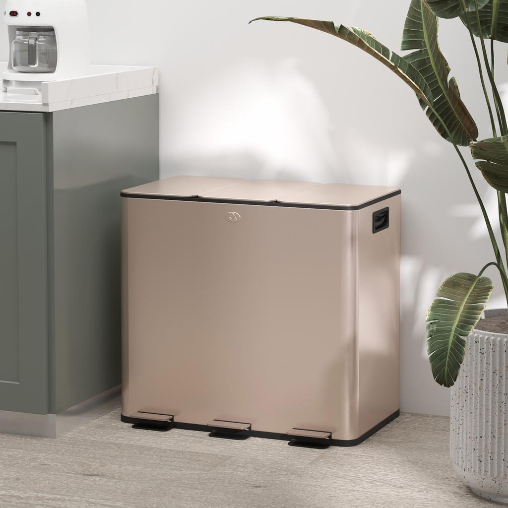 45L Triple Compartment Stainless Steel Bin With Deodoriser Holders Gold Tone
