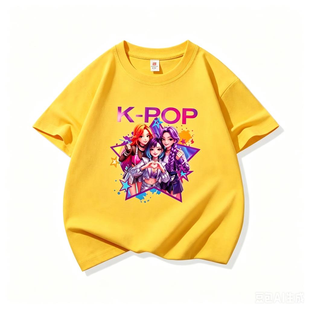 T-shirt Manches Courtes Imprimé Groupe d'Idoles K-POP Filles Mignon Dessin Animé Graphique T-shirt Haut Décontracté d'Été pour Enfants