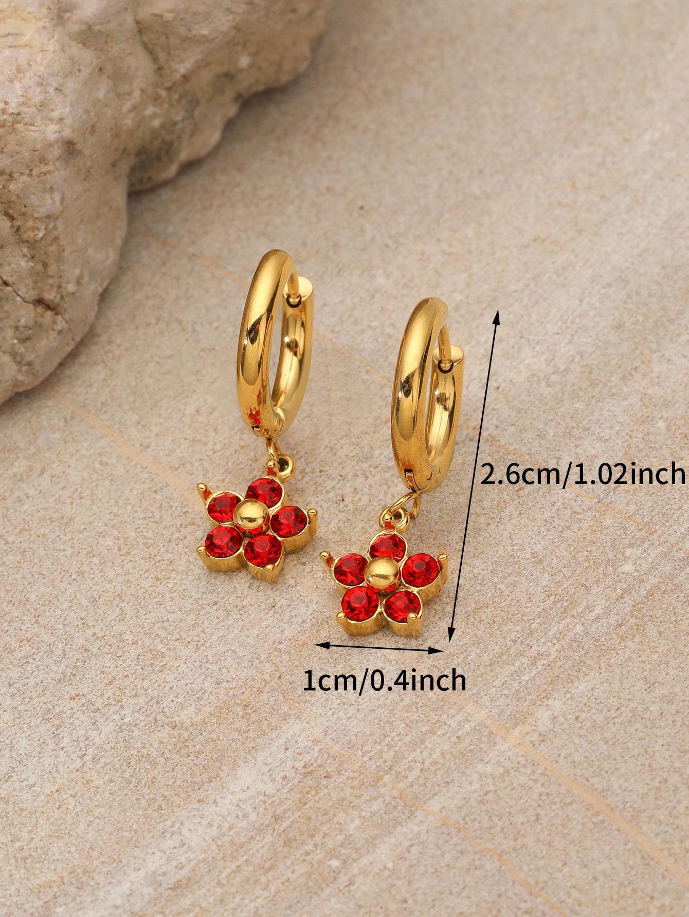 

December Birthstone Colorful Crystal Gold Round Earrings Women Simple Flower Design 18K