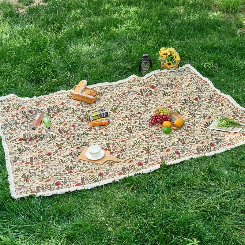 Wind Polyester Cotton Color Woven Jacquard Plant Flower Fringed Tablecloth Rectangular Outdoor Camping Picnic Mat Photo