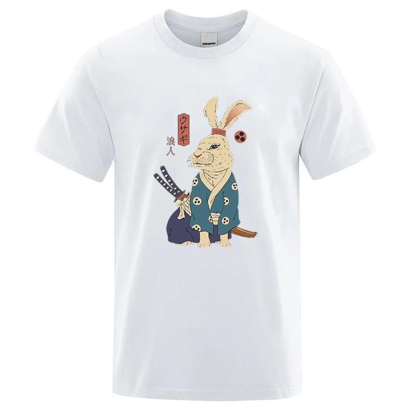 Cotton Blend Short Sleeve Tee Japanese Ukiyoe Samurai Rabbit Print Casual Streetwear Unisex Summer Top Gift For Lovers Unisexunisex