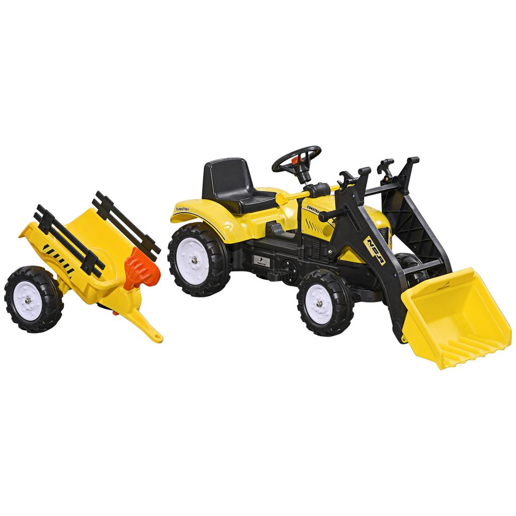 Pedal Backhoe Tractor with Trailer, Shovel and Rake, for Ages 3+, Yellow and Black