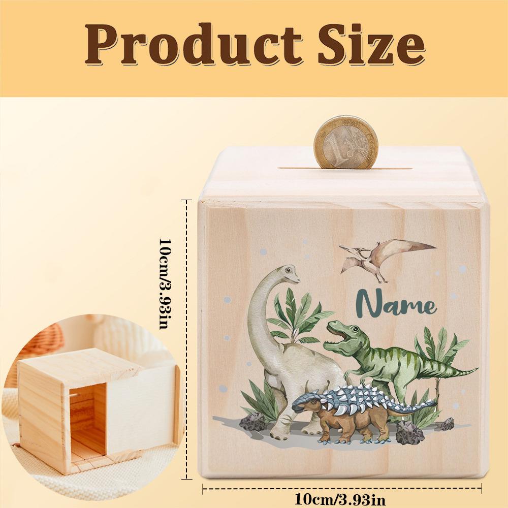 Customized Dino Dinosaur Pattern Wooden Piggy Bank Kids Money Boxes Coin Collection Case Wooden Coin Bank Child Shower Gift