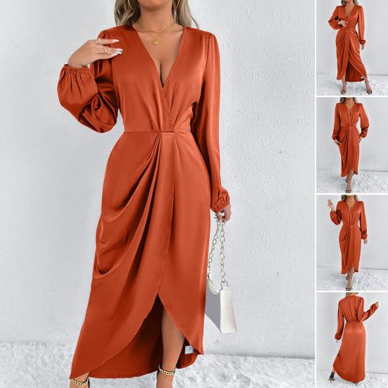 Women's Satin Wrap Long Dress V Neck Long Sleeve Maxi Dress High Slit Party Dress Cocktail Evening Gown