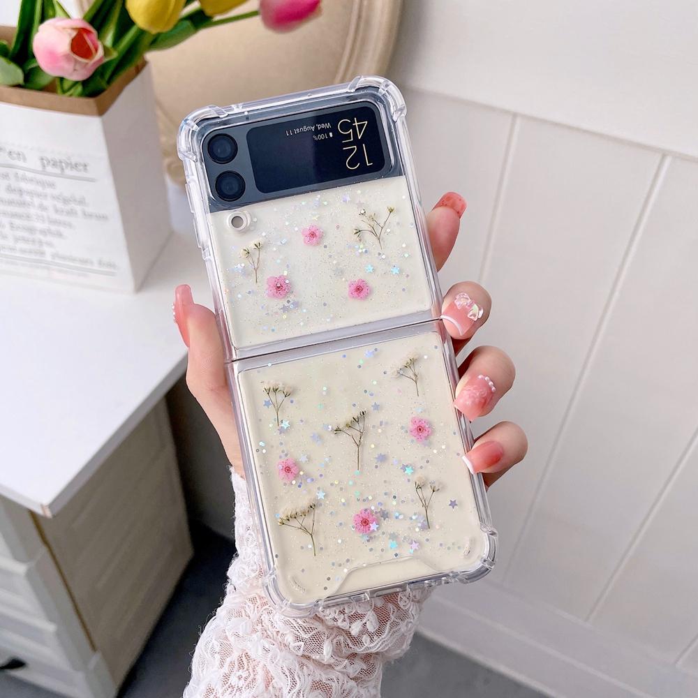 Luxus Getrocknete Echte Blume Damen Hülle für Samsung Galaxy Z Flip 4 2 3 1 Transparent Klar Stoßfest Weich flip4 Flip3 Flip2 Hülle Z Flip 3