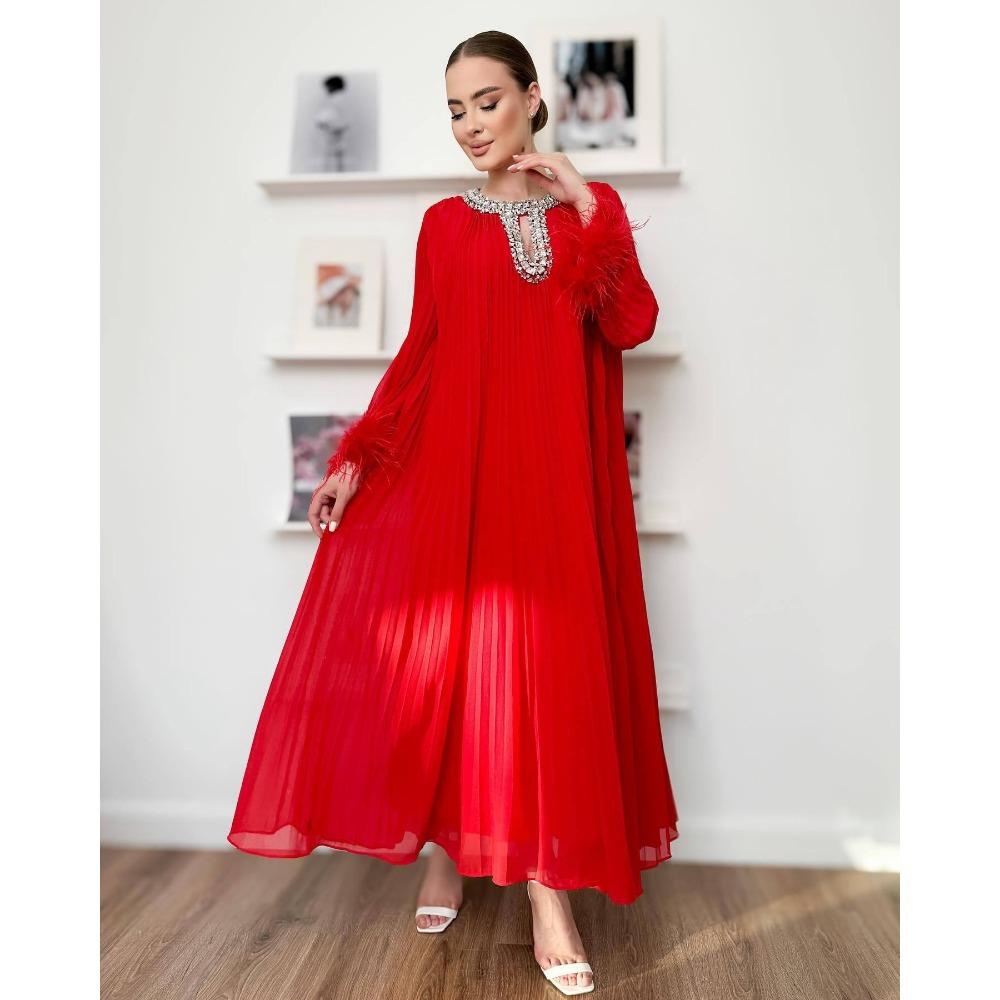 Autumn New Elegant Solid Color Dress Round Neck Diamond Loose Fluffy Splicing Pleated Dress