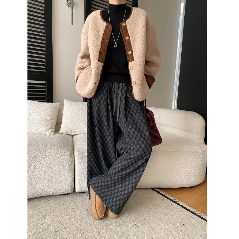 

Sinan Blogger Loose-fit Drawstring Diamond Jacquard Fleece-lined Floor-length Casual Pants SN8336 One Size чёрный