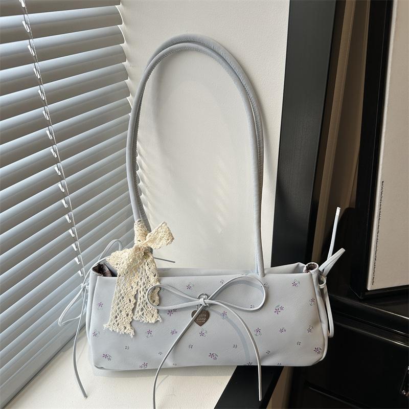 Niche sweet floral baguette bag women's  new trendy fashion girl style bow underarm bag shoulder bag